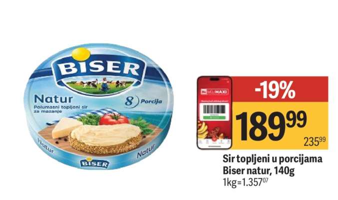 Sir topljeni u porcijama Biser natur 140g