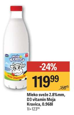 Mleko sveže 2.8% mm D3 vitamin Moja Kravica, 0.968l