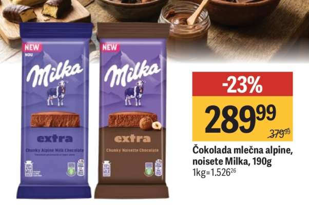 Čokolada mlečna alpine, noisete Milka, 190g