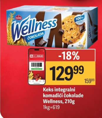 Keks integralni komadići čokolade Wellness, 210g