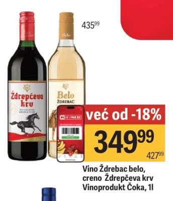 Vino Ždrebac belo, crno Ždrepčeva krv Vinoprodukt Čoka, 1l