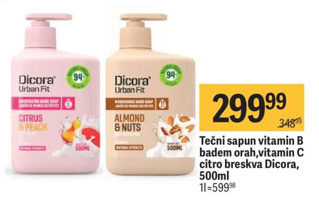 Tečni sapun vitamin B badem orah, vitamin C citro breskva Dicora, 500ml