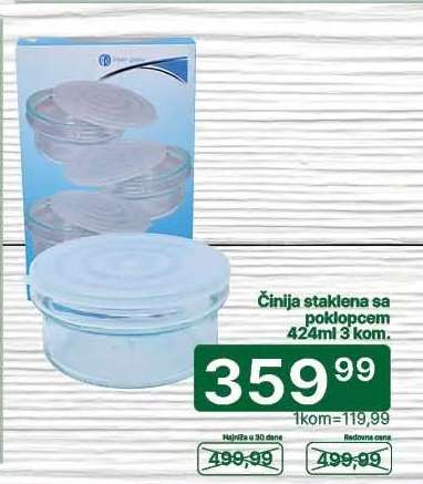 Činija staklena sa poklopcem 424ml 3 kom.