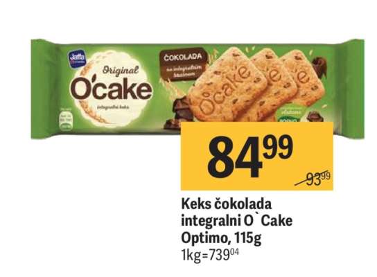 Keks čokolada integralni O` Cake Optimo, 115g