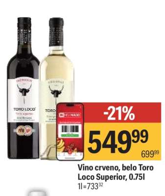 Vino crveno, belo Toro Loco Superior, 0.75l