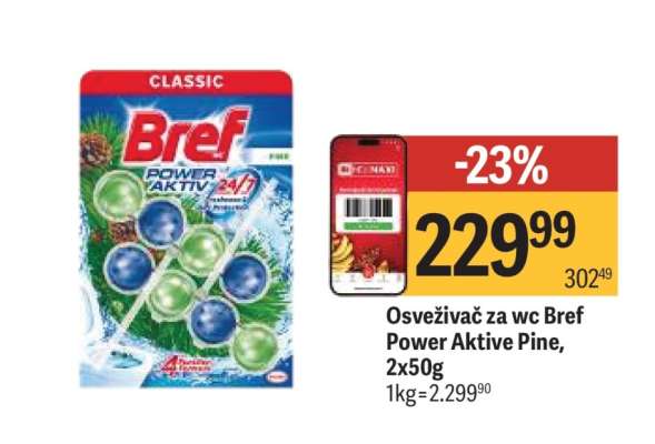 Osveživač za wc Bref Power Aktive Pine, 2x50g