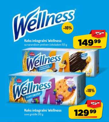 Keks integralni Wellness sa narandžom prelivem čokoladom 155 g