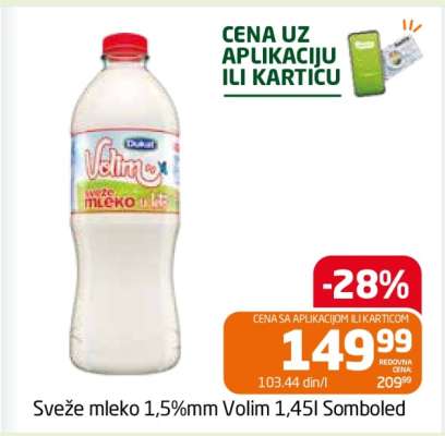 Sveže mleko 1,5%mm Volim 1,45l Somboled