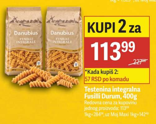 Testenina integralna Fusilli Durum, 400g