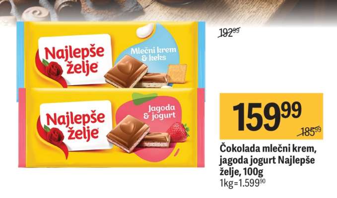 Čokolada mlečni krem, Jagoda jogurt Najlepše Želje, 100g