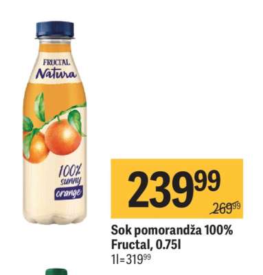 Sok pomorandža 100% Fructal, 0,75l