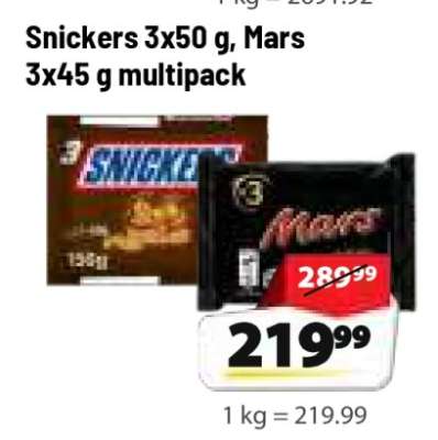 Snickers 3x50 g, Mars 3x45 g multipack