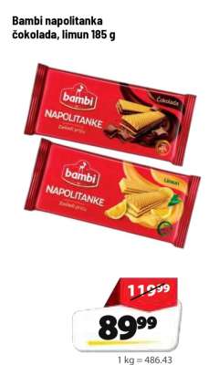 Bambi napolitanka čokolada, limun 185 g