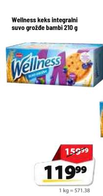Wellness keks integralni suvo grožđe bambi 210 g
