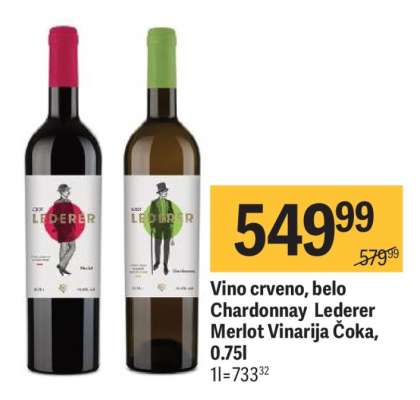 Vino crveno, belo Chardonnay Lederer Merlot Vinarija Čoka, 0.75l