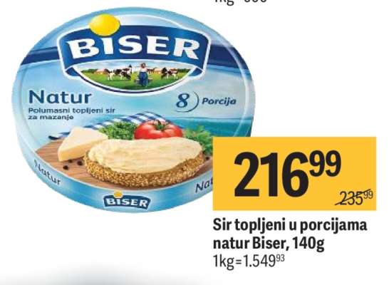 Sir topljeni u porcijama Natur Biser, 140g