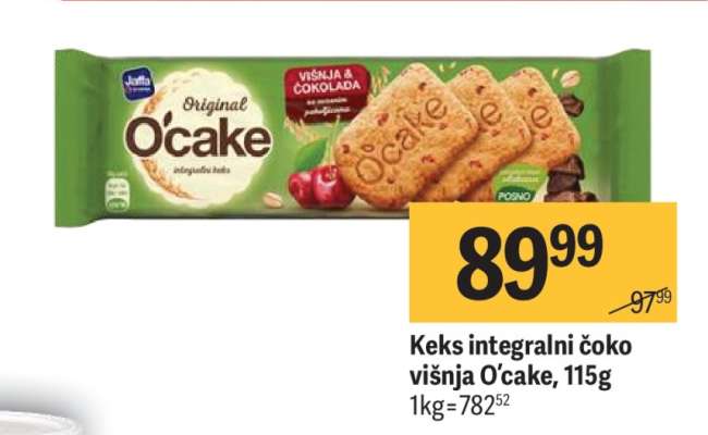 Keks integralni čoko višnja O'cake, 115g