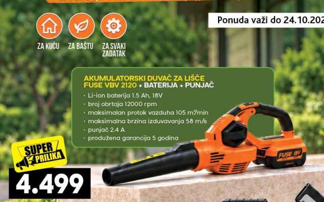 AKUMULATORSKI DUVAČ ZA LIŠĆE FUSE VBV 2120 + BATERIJA + PUNJAČ