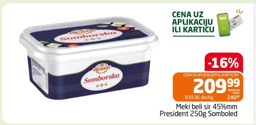 Meki beli sir 45%mm President 250g Somboled