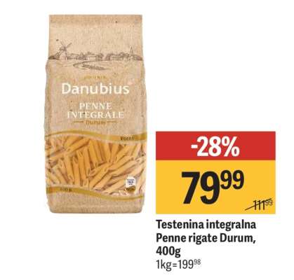 Testenina integralna Penne rigate Durum, 400g