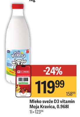 Mleko sveže D3 vitamin Moja Kravica, 0,968l