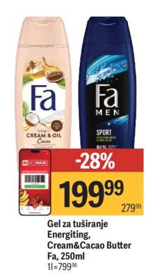 Gel za tuširanje Energitng, Cream&Cacao Butter Fa, 250ml