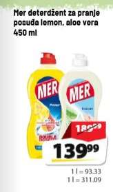 Mer deterdžent za pranje posuđa lemon/aloe vera 450 ml