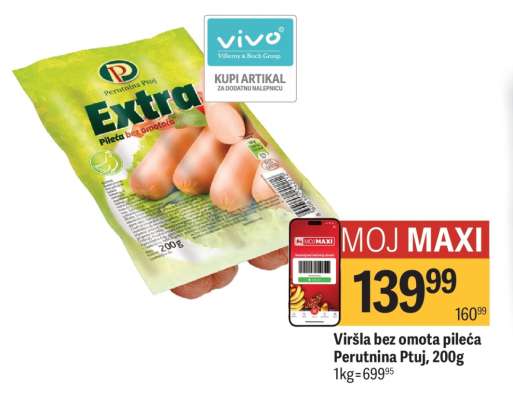 Viršla bez omota pileća Perutnina Ptuj 200g
