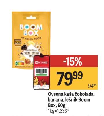 Ovsena kaša čokolada, banana, lešnik Boom Box, 60g