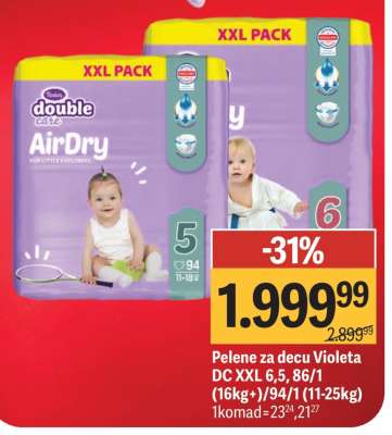 Pelene za decu Violeta DC XXL 6,5, 86/1 (16kg+)/94/1 (11-25kg)