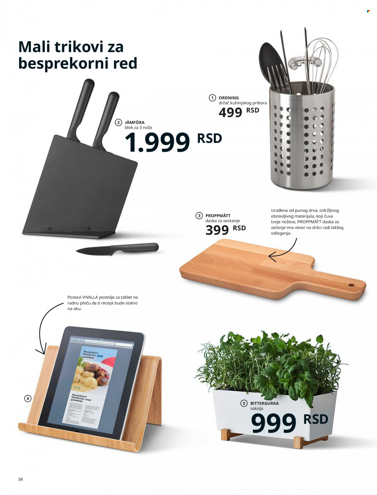 IKEA katalog - Proizvodi na akciji - daska za sečenje, nož, polica, Nike, saksija. Stranica 38.