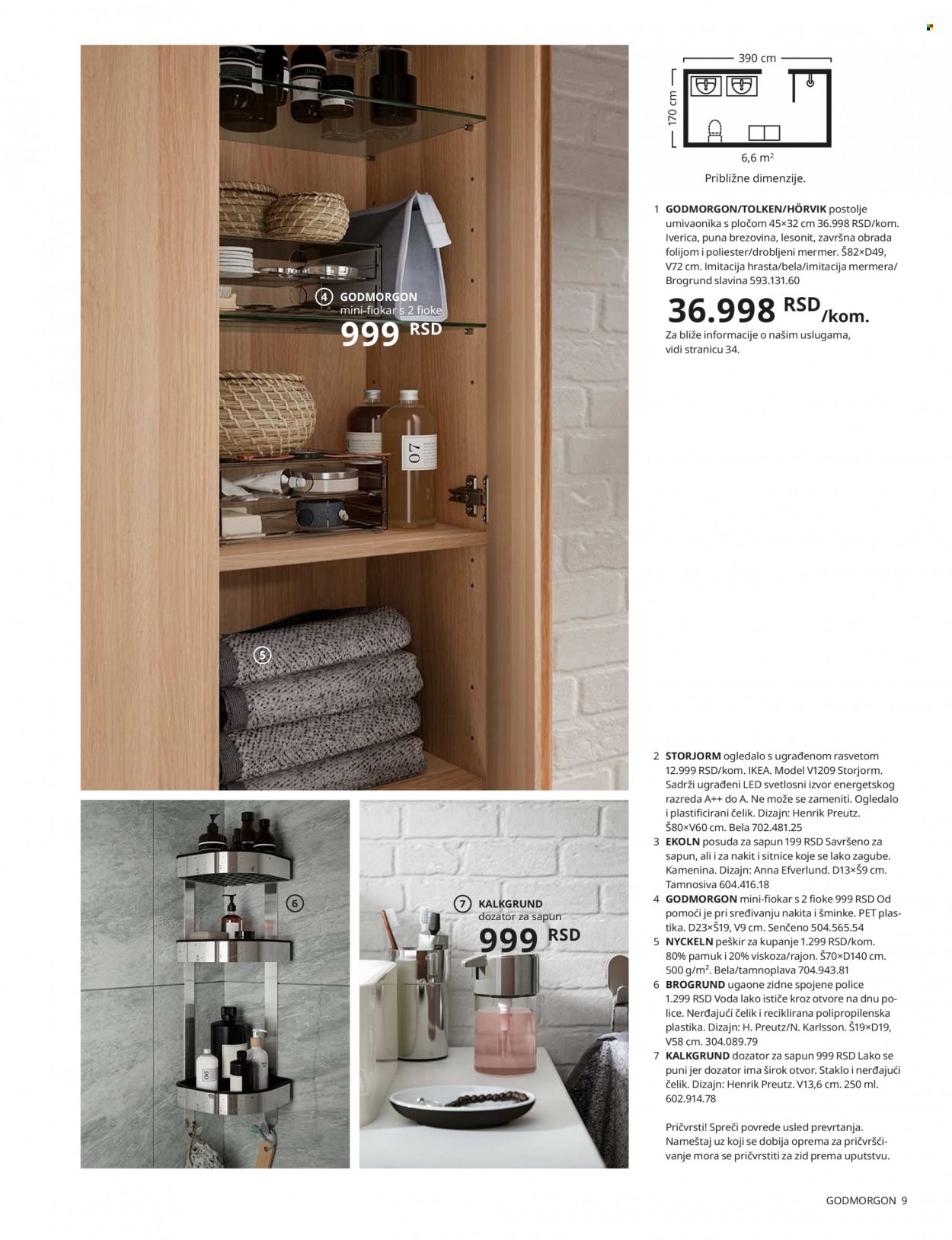 IKEA katalog - Proizvodi na akciji - ogledalo, četka, dozer tečnog sapuna, fiokice, peškir, polica, postolje umivaonika, fioke, slavina. Stranica 9.