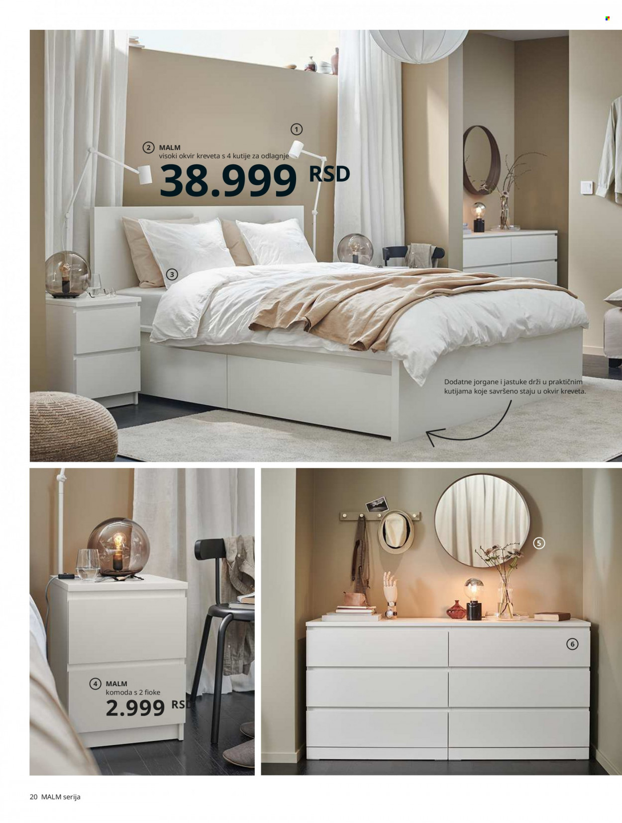 IKEA katalog - Proizvodi na akciji - kutija, ogledalo, aluminijumska folija, jastučnica, jorganska navlaka, komoda, Malm, krevet, okvir kreveta, dušek, fioke, lampa. Stranica 20.