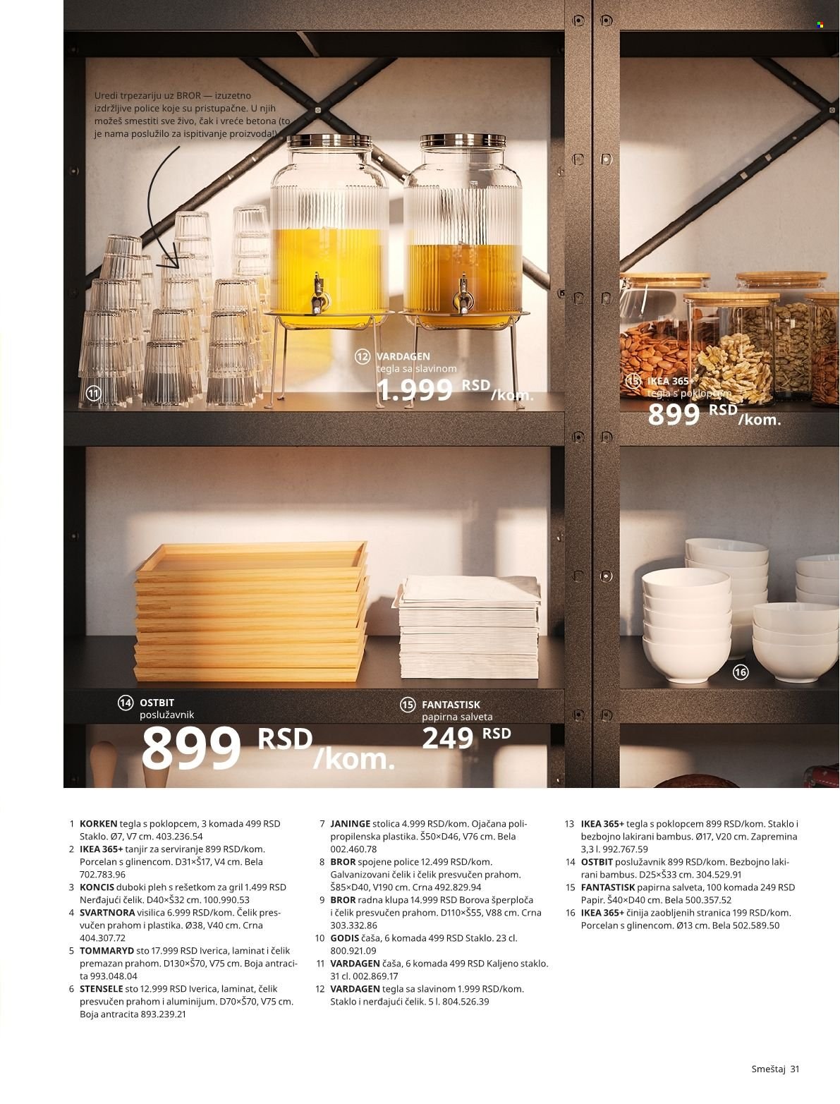 IKEA katalog - Proizvodi na akciji - čaša, činija, tanjir, posude, poslužavnik, tegla, polica, sto, stolica, klupa, visilica. Stranica 31.